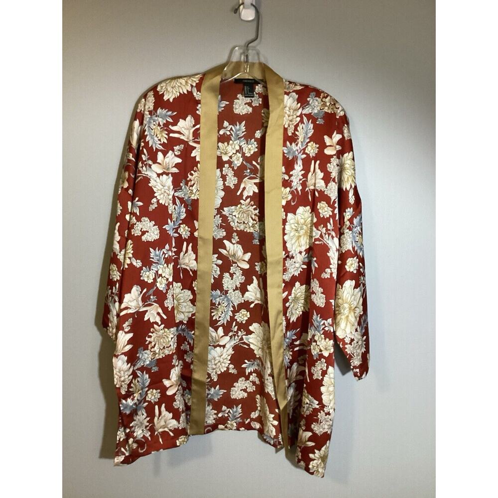 Forever 21 Womens‎ Kimono Red/Rust Gold Floral Cardigan Open Front 3/4 Sleeve
